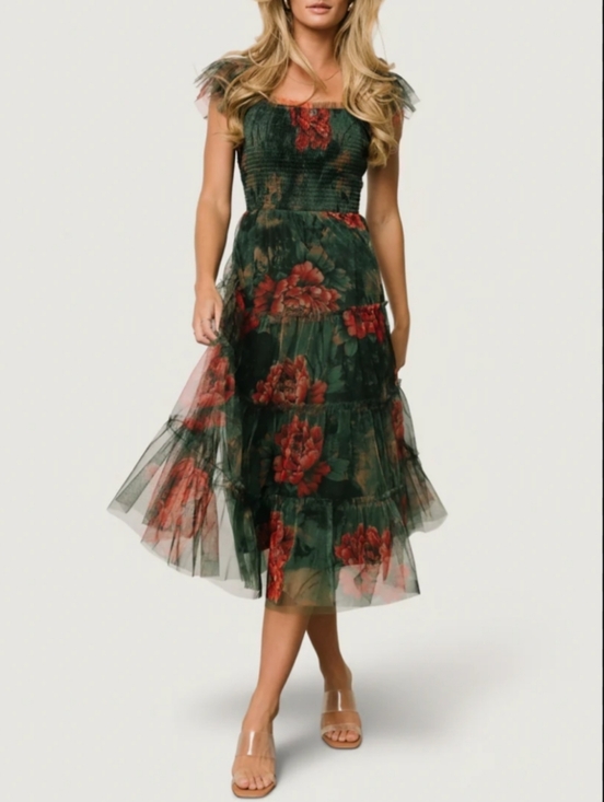 Baltic Born Dresses & Skirts - NWT Baltic Born Clementine Tulle Dark Green Floral Midi Dress